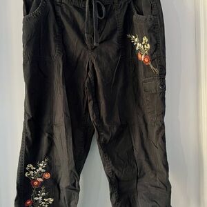 Style & Co. Black Cargo Pants with Floral Embroidery